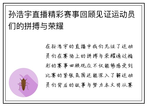 孙浩宇直播精彩赛事回顾见证运动员们的拼搏与荣耀