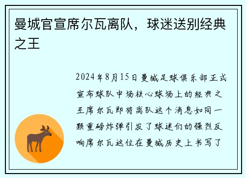 曼城官宣席尔瓦离队，球迷送别经典之王